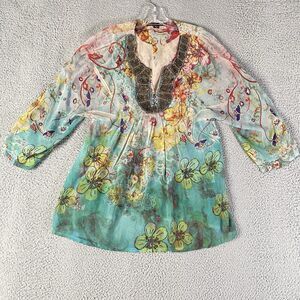 Mushka Sienna Rose Top Women Medium Lace Sheer Beaded Floral Babydoll Fairy Boho